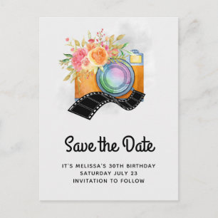 Boho Orange Camera Watercolor Save the Date Postcard