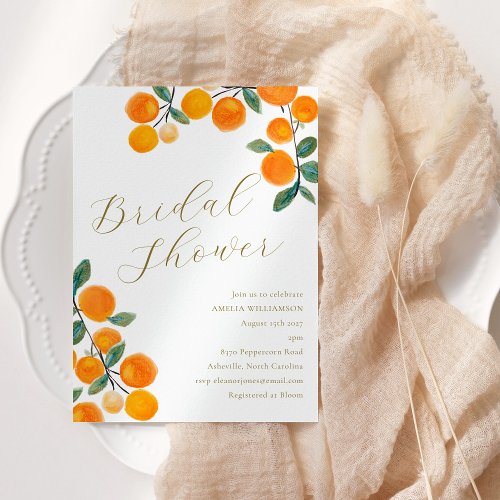 Boho Orange Citrus Fruit Watercolor Bridal Shower Invitation