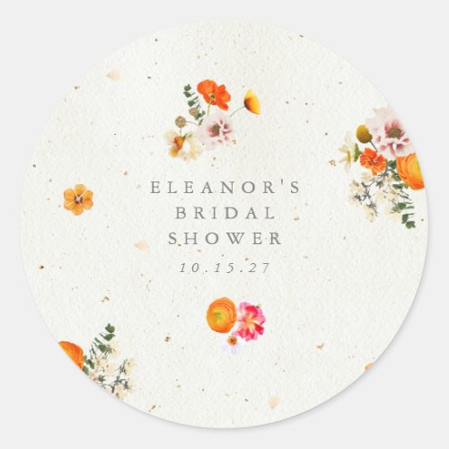 Boho Orange Cottagecore Floral Bridal Shower Name Classic Round Sticker