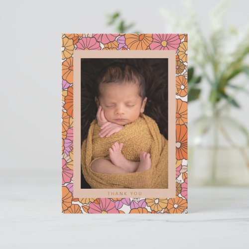 Boho Orange Floral Two Photo Baby Shower Message Thank You Card