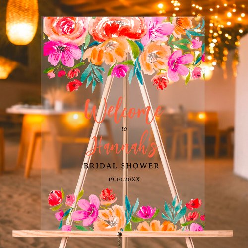 Boho orange floral wildflowers bridal welcome acrylic sign