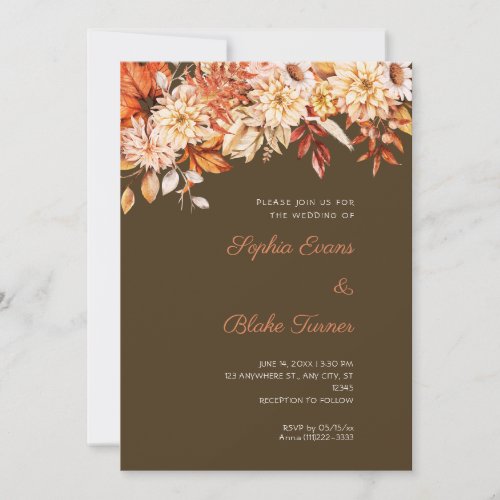 Boho Orange Floral Winter Coffee Brown Wedding Invitation