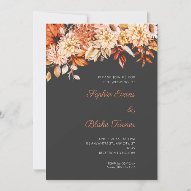 Boho Orange Floral Winter Pebble Gray Wedding Invitation (Front)