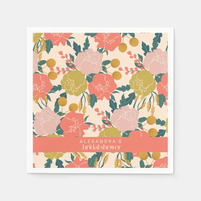 Boho Orange Green Botanical Custom Bridal Shower Napkins (Front)