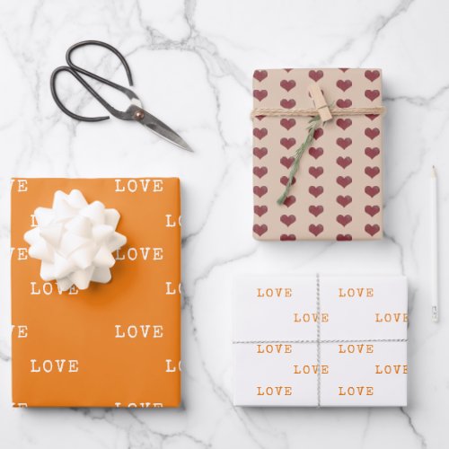 Boho Orange Hearts Modern Love Valentines Day Wrapping Paper Sheets