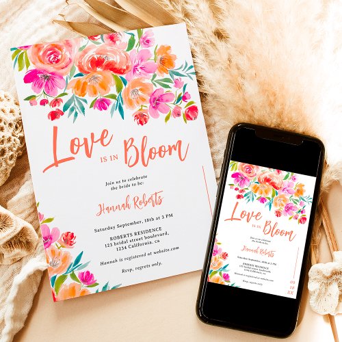 Boho orange love is in bloom floral bridal shower invitation