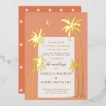 Boho orange Palm Springs wedding Foil Invitation<br><div class="desc">This boho wedding invitation would be perfect for anybody hosting a tropical destination wedding or anybody who wants a twilight summer vibe for their invitation. The design features shiny gold foil palm trees with a moon and stars on a soft peach orange background with and the reverse of the invitation...</div>