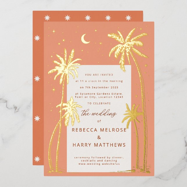 Boho orange Palm Springs wedding Foil Invitation (Front/Back)