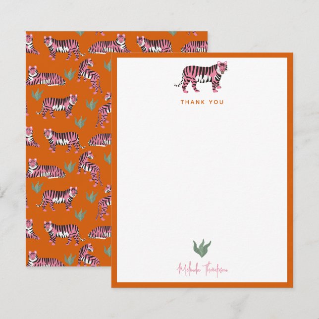 Boho Orange Pink Jungle Tiger Script Note Card (Front/Back)