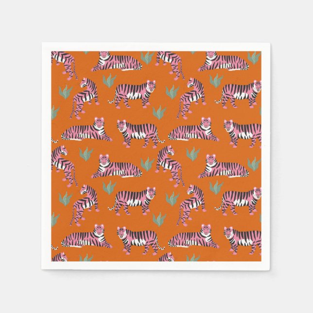 Boho Orange Pink Jungle Tigers Napkins (Front)
