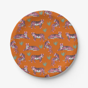 Boho Orange Pink Jungle Tigers Paper Plates