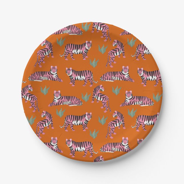 Boho Orange Pink Jungle Tigers Paper Plates (Front)