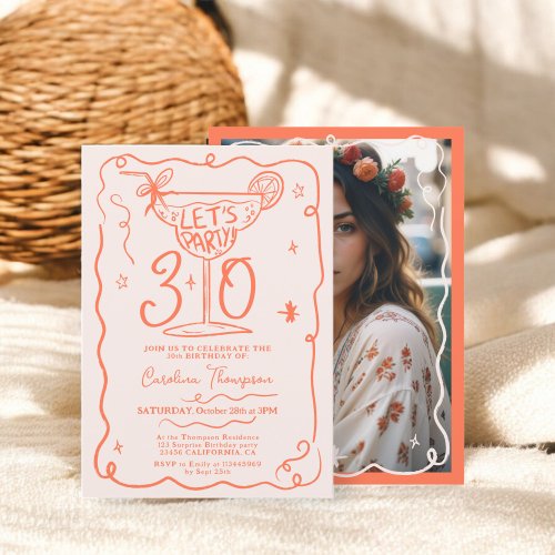 Boho orange quirky whimsical scribbles 30 birthday invitation