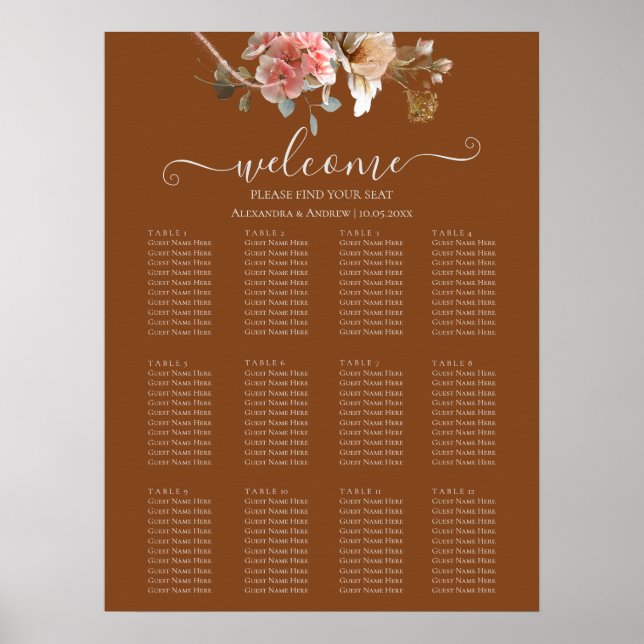 Boho Orange Rust Fall Wedding Seating Chart (Front)