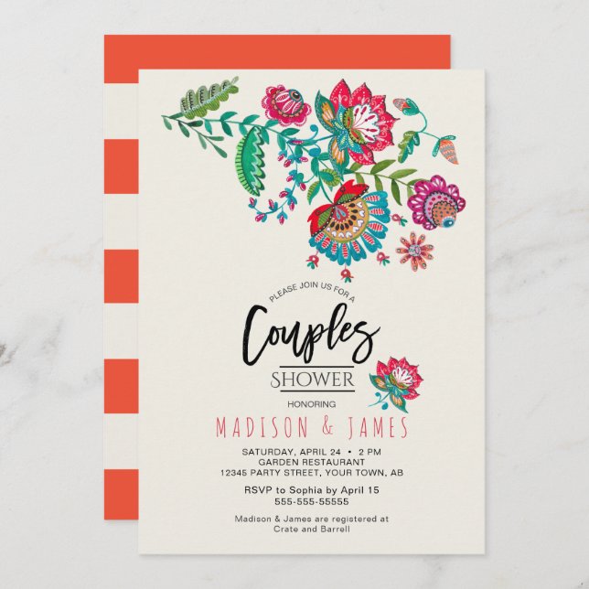 Boho Orange stripe Folk Flowers | Couples Shower Invitation (Front/Back)