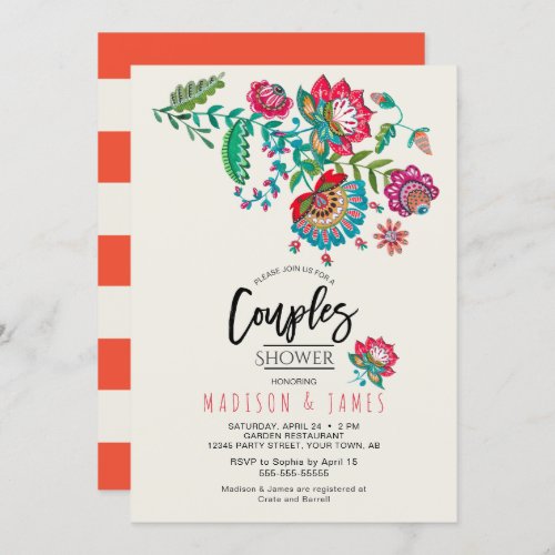 Boho Orange stripe Folk Flowers  Couples Shower Invitation