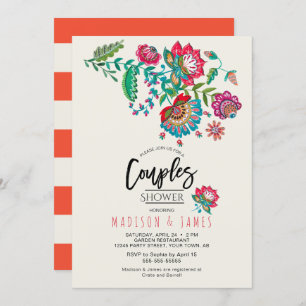 Boho Orange stripe Folk Flowers   Couples Shower Invitation
