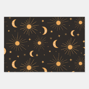 Boho orange sun and moon pattern wrapping paper sheets