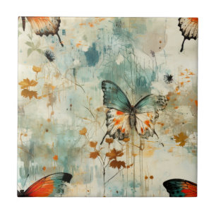 Boho Orange Teal Butterfly Wildflower Painterly Ceramic Tile