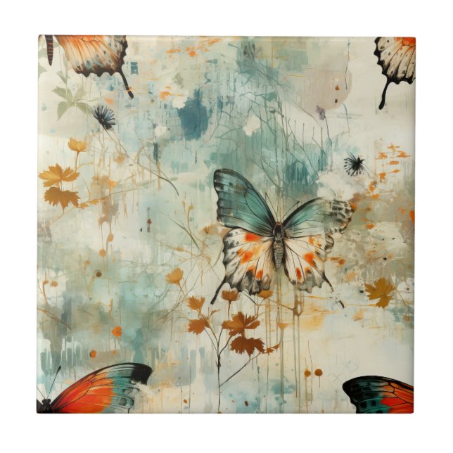 Boho Orange Teal Butterfly Wildflower Painterly Ceramic Tile (Front)