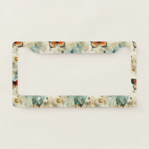 Boho Orange Teal Butterfly Wildflower Painterly License Plate Frame