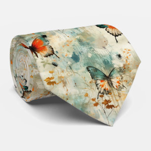 Boho Orange Teal Butterfly Wildflower Painterly Neck Tie