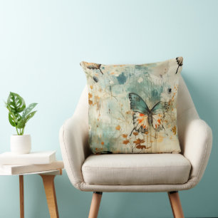 Boho Orange Teal Butterfly Wildflower Painterly Throw Pillow