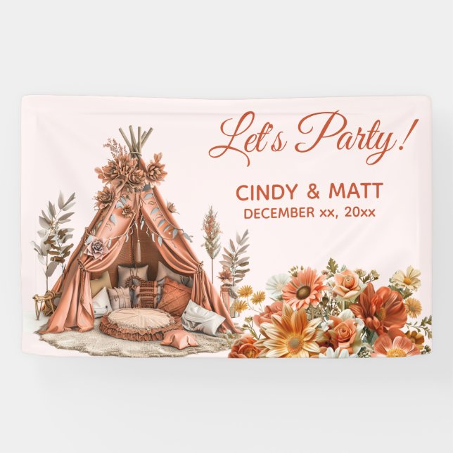 Boho Orange Tent Wildflowers Wedding Banner (Horizontal)