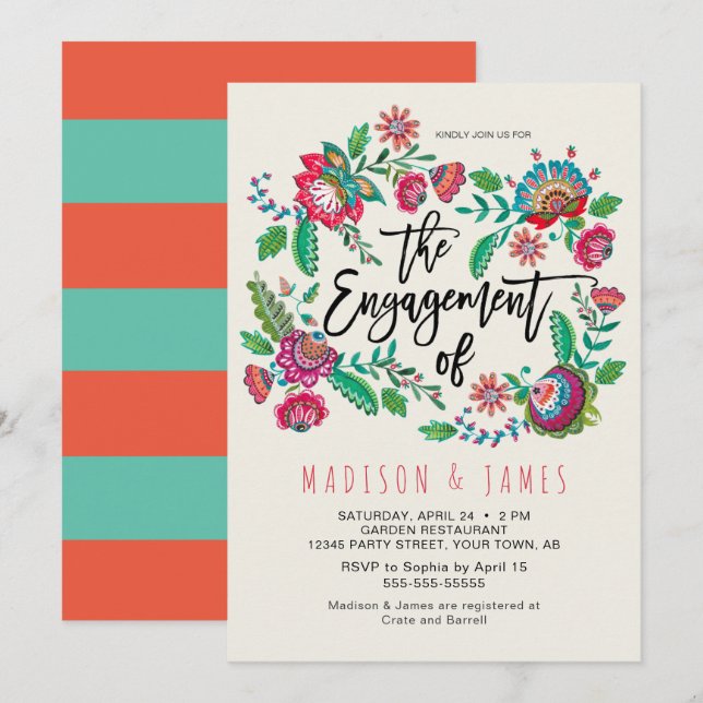 Boho Orange & Turquoise stripe Floral Engagement Invitation (Front/Back)