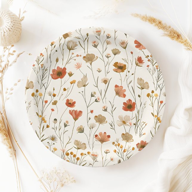 Boho Orange Wildflower Baby in Bloom Baby Shower Paper Plates (Creator Uploaded)