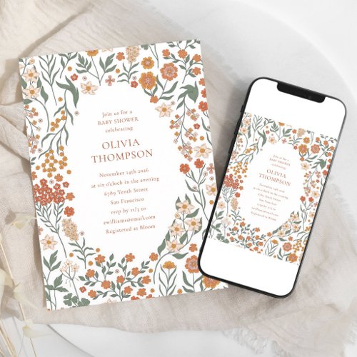 Boho Orange Wildflower Baby Shower Invitation