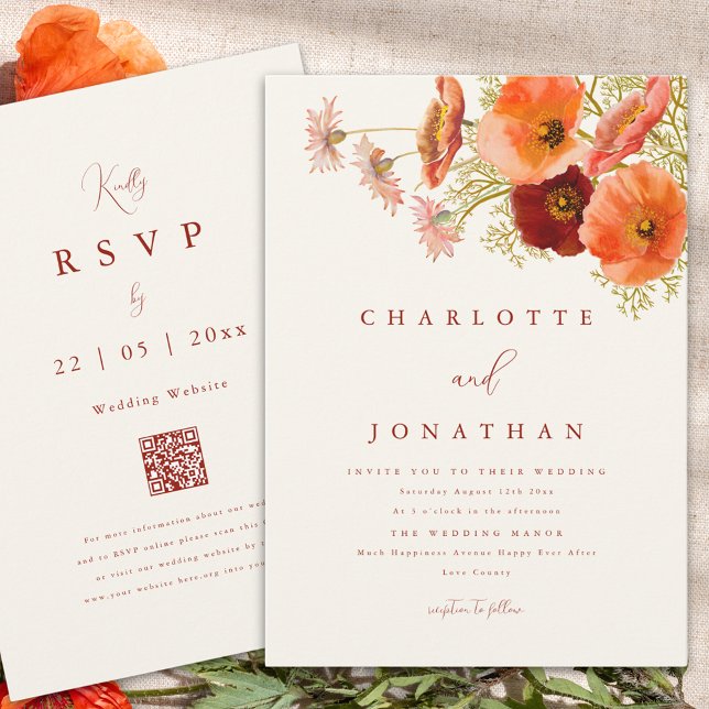 Boho Orange Wildflower Fall Wedding Invitation (Boho wildflower fall wedding invitation with elegant script and website qr code)