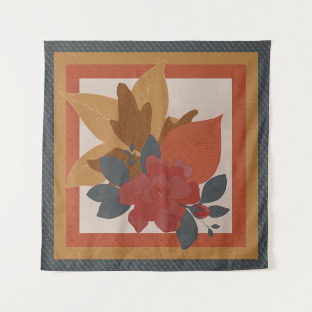 Boho Orange Yellow Blue Red Textured Botanical Tapestry (Front)