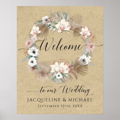 BOHO Orchid Floral Palm Greenery Welcome Wedding Poster