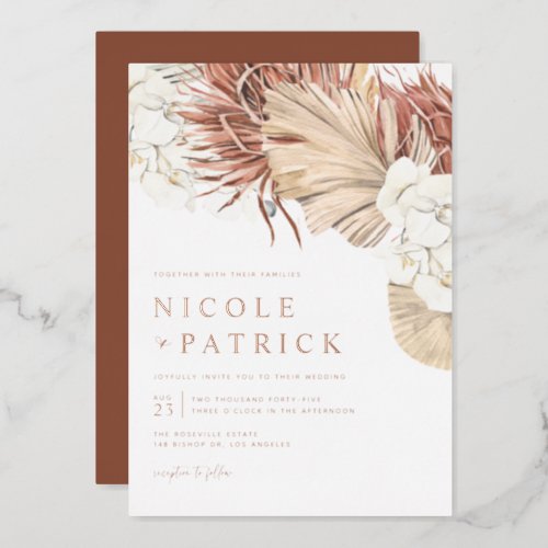Boho Orchids and Dried Palm Leaves Wedding Foil Invitation