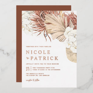 Boho Orchids and Dried Palm Leaves Wedding Foil Invitation