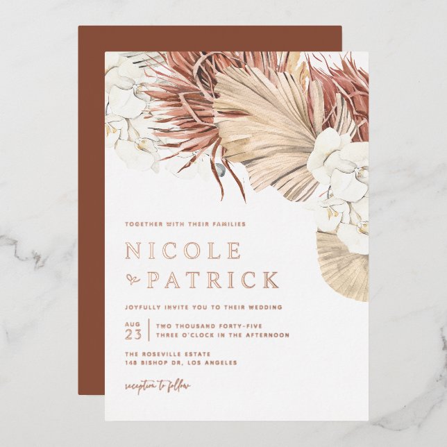 Boho Orchids and Dried Palm Leaves Wedding Foil Invitation (Front/Back)