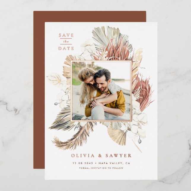 Boho Orchids and Dried Palm Photo Save the Date Foil Invitation (Front/Back)