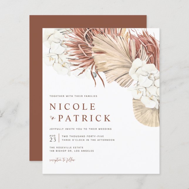 Boho Orchids and Dried Palm Wedding Invitation (Front/Back)