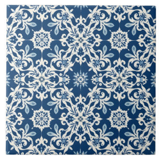 Boho Ornament Pattern in White-Blue Vintage Ceramic Tile