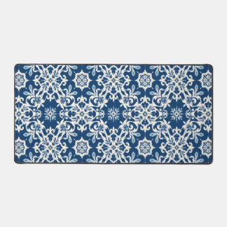 Boho Ornament Pattern in White-Blue Vintage Desk Mat