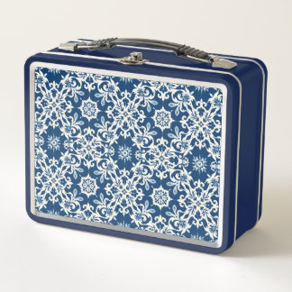 Boho Ornament Pattern in White-Blue Vintage Metal Lunch Box