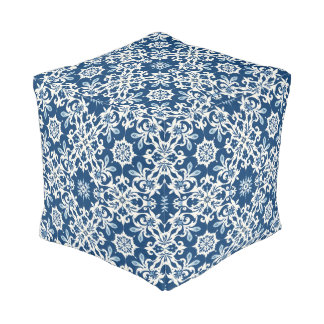 Boho Ornament Pattern in White-Blue Vintage Pouf