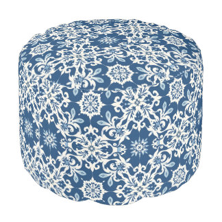 Boho Ornament Pattern in White-Blue Vintage Pouf