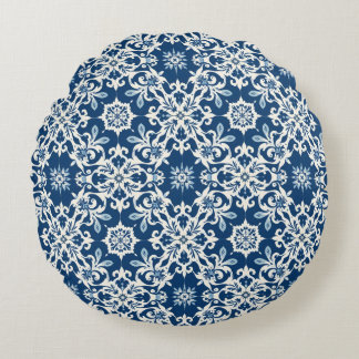 Boho Ornament Pattern in White-Blue Vintage Round Pillow