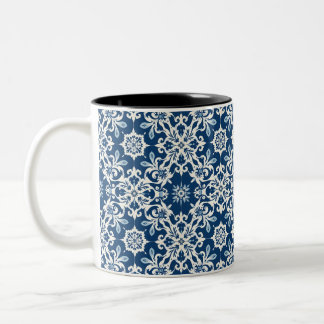 Boho Ornament Pattern in White-Blue Vintage Two-Tone Coffee Mug
