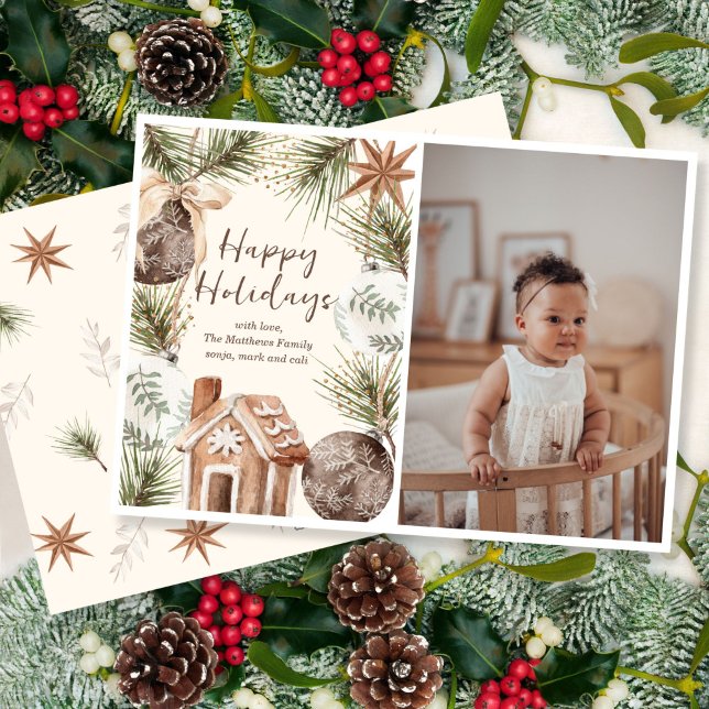 Boho Ornament Surround Flat Holiday Card (Side by side, a sweet holiday design and your favorite photo.)