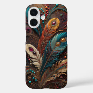 Boho Ornate Metallic Teal Orange Leather iPhone  16 Case