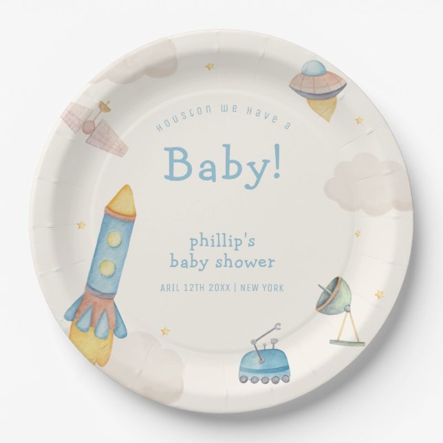 Boho Outer Space Rocket Boy Baby Shower  Paper Plates (Front)