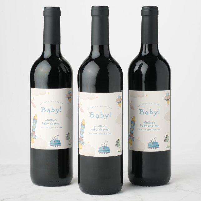 Boho Outer Space Rocket Boy Baby Shower  Wine Label (Bottles)